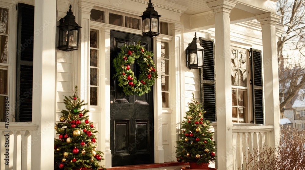 Fototapeta premium Festive Home Exterior with Christmas Decorations: Wreath, Trees, and Elegant Black Door