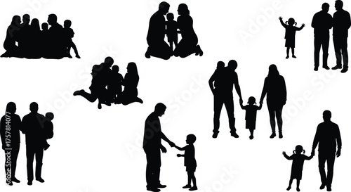 Silhouette of families spending time together, parents and children bonding, representing love, care, parenting, unity, and happy family lifestyle illustration