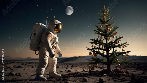 A solitary astronaut in a protective space suit carefully decorating a small Christmas tree on the dark, rugged surface of the moon. Science concept