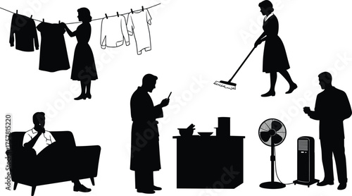 Silhouette of people doing household chores, cleaning floor, hanging laundry, cooking, relaxing on sofa, modern home lifestyle concept illustration