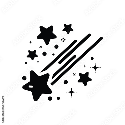 Black celestial stars falling with shiny trails and geometric shapes on a white background