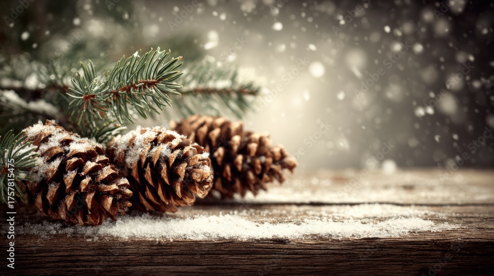 Fototapeta premium Festive Winter Scene with Pine Cones and Snowy Background for Holiday Marketing