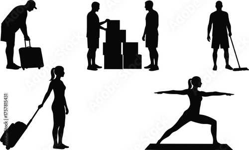 Silhouette of people performing daily activities, traveling with luggage, doing yoga, stacking boxes, and cleaning floor, lifestyle concept illustration