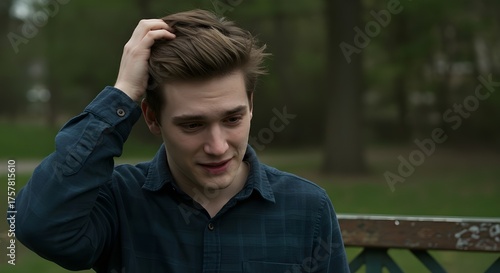 Young man clutching head with hand, furrowed brows and pained expression. Shows headache, mental stress, confusion, worry, or feeling overwhelmed by life pressures. 