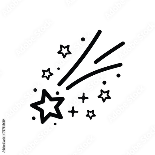 Black outlined shooting star hurtles through space with smaller stars on white background