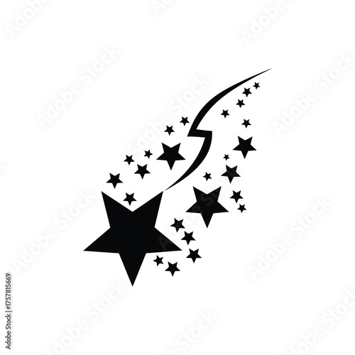 Black shooting star emits energy with a group of smaller stars on a white background