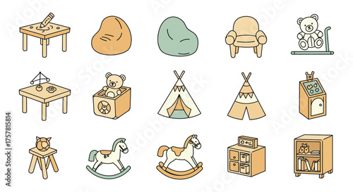 Playroom furniture icons kids room decor elements featuring a toy box rocking horse and teepee in a childrens play area for creative play.