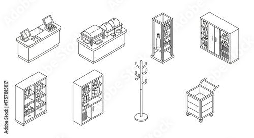 restaurant equipment isometric view a dining area setup with shelving buffet warmers and coat rack perfect for catering designs service areas