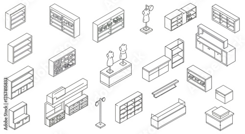 retail store fixtures isometric plan of shop fittings for floor plan design displaying modern shop interior design layout for brand store retail space plan