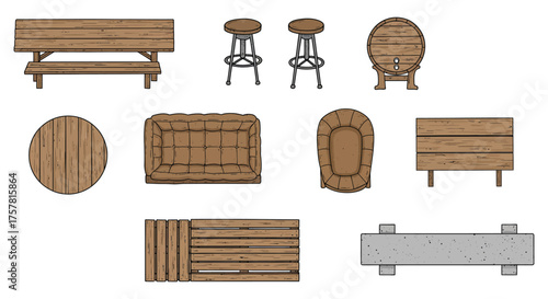 rustic furniture set picnic bench bar stools barrel round table sofa and armchair for outdoor space design creating a cozy garden ambiance.
