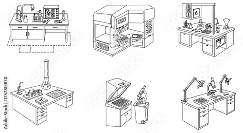 science lab equipment illustrations various research workstations experiment setups in a laboratory setting for educational materials  scientific publications.