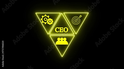A glowing blue tech-inspired icon with a target, gears, and a person inside triangles on a black background.