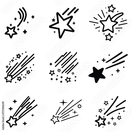Nine shooting star icon set displaying motion with small star or plus signs on white background