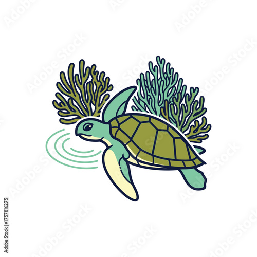 focus on sea turtle swimming with coral backdrop.