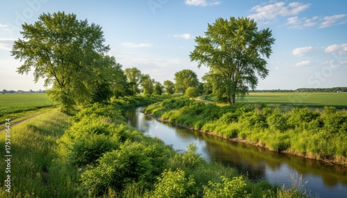 View of riparian buffer zones with dense tree and shrub plantings alongside a stream to prevent erosion and protect water quality in farmland.