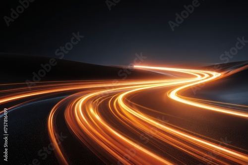 Light Trails on Dark Road: Abstract, dynamic long exposure captures movement and speed with bright orange lights against a dark backdrop.