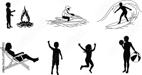 Summer beach activity silhouettes with children playing, surfing, jet skiing, campfire, and relaxing scenes, black and white vector illustration