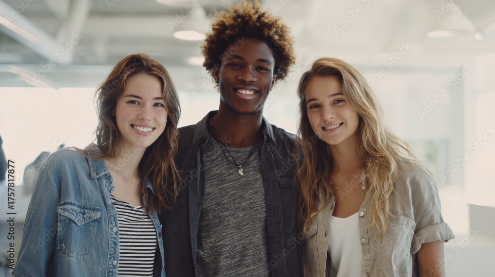 Obraz premium Diverse Group of Young Professionals Smiling in a Modern Office, Embracing Collaboration and Teamwork