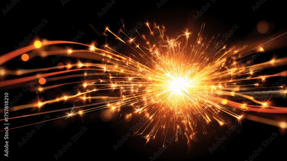 Obraz premium Abstract Golden Light Burst on Dark Background, Festive Celebration, Magic Sparkles, and Energy Trails