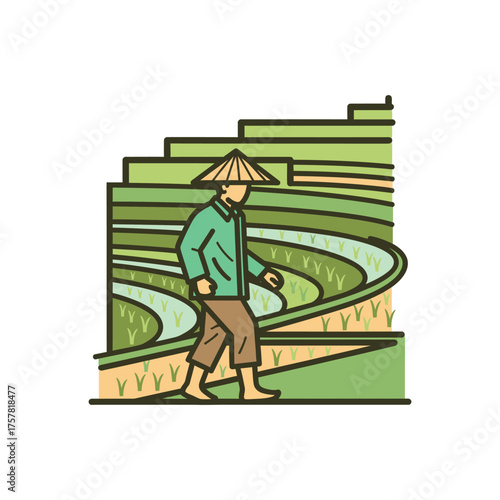 focused on main subject in field paddies with hat farmer walking along terrace steps.