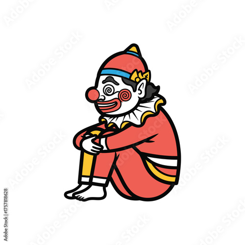 clown character sitting with curled smile and colorful attire.