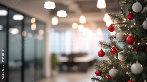 Festive Christmas Tree in Modern Office Space, Holiday Decorations and Corporate Celebrations