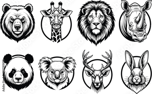 Wild animal heads, bear giraffe lion rhino panda koala deer rabbit, black and white sketch, circular icon vector illustration set