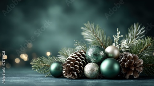 Festive Christmas Decoration with Pinecones, Green and Silver Baubles Against a Dark Backdrop