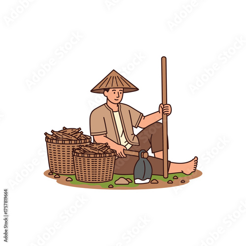 focused on main subject a Vietnamese farmer sitting by baskets and tools.