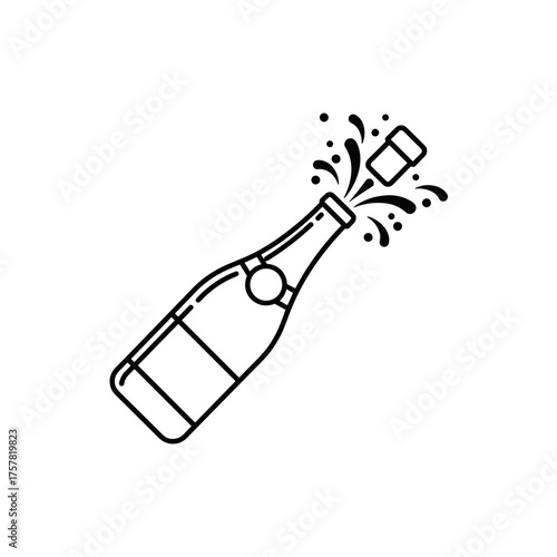 Champagne bottle opening with sparkling effect in minimalist style  