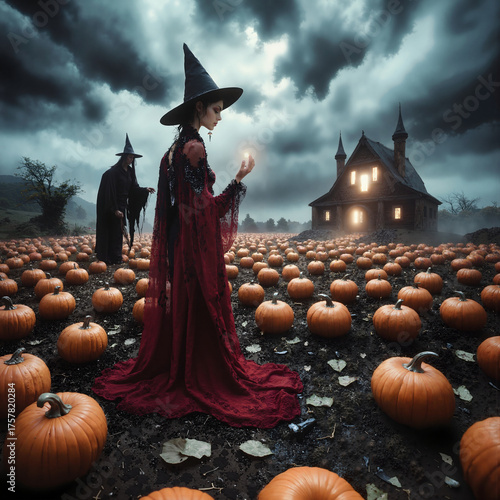 Magic scene with young beautiful witch on foreground