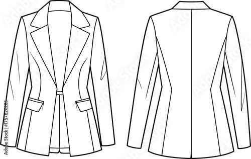 Women's tailored blazer technical sketch, fashion flat drawing, notched lapel, flap pockets, princess seams, front and back view illustration
