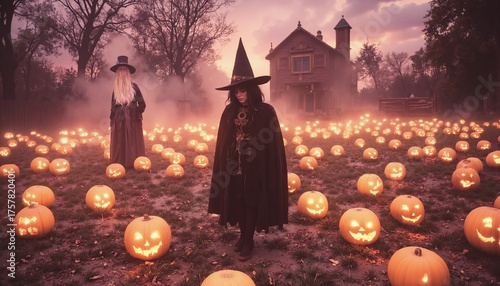 Magic scene with young beautiful witch on foreground