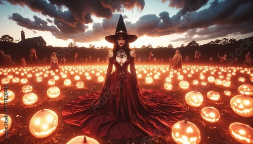 Magic scene with young beautiful witch on foreground