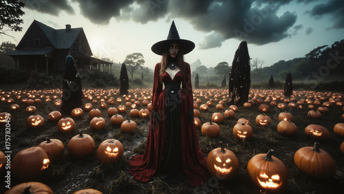 Magic scene with young beautiful witch on foreground