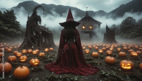 Magic scene with young beautiful witch on foreground