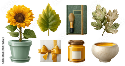 Colorful Collection of Isolated Plants and Decorative Items on Transparent Background
