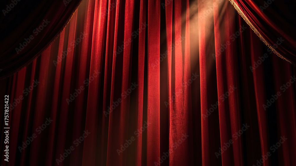Fototapeta premium Dramatic red velvet theater curtains with golden details, illuminated by a spotlight.