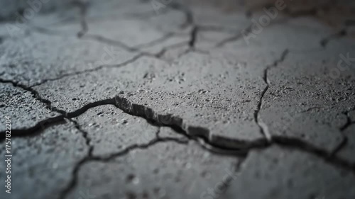 Abstract macro shot showcasing intricate cracks spreading across a rough concrete wall, creating a dynamic grunge texture with subtle shifts in ambient light aged, concept, abstract art