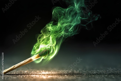 A captivating shot of a burning match, its flame depicted as vibrant green smoke against a dark backdrop, creating a striking contrast.