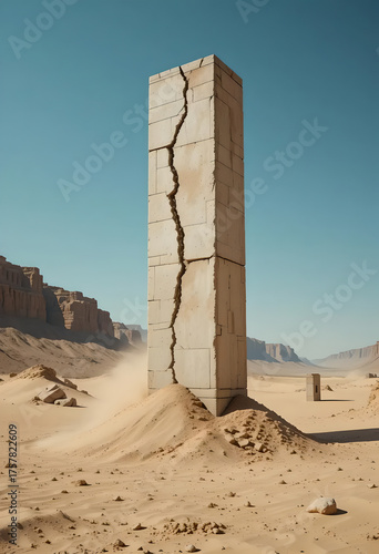 Ancient Cracked Obelisk in Desert Sands Under Clear Sky