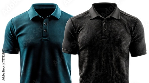 Dual polo mockup纯白背景：sky & navy angled panel, front-back hi-angle, no print no text, short tube sleeves, over-shoulder flat placket, round high collar, octane render, ready for custom platform, shop t