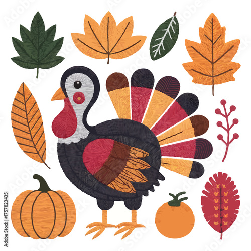 Thanksgiving bundle Cute cartoon turkey and autumn leaves for thanksgiving celebration