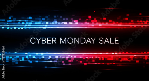 Vibrant Red And Blue Neon Glowing Cyber Monday Text Floating Inside Dark Futuristic Concrete Tunnel With Bright Light Boxes Creating Dynamic Abstract Background For Massive Online Shopping Discount 