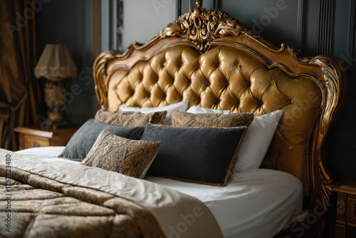Opulent bed with a gilded headboard and decorative pillows, creating a luxurious and inviting sleep space. A haven of comfort and style.