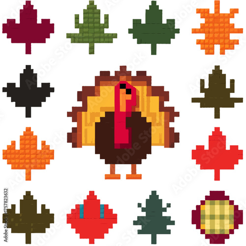 Thanksgiving bundle Pixel art thanksgiving turkey and maple leaves illustration