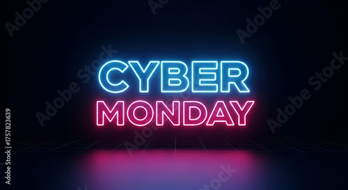 Vibrant Glitch Effect Cyber Monday Text With Digital Interference And Glowing Neon Light Streaks Against Futuristic Dark Background For Massive Online Shopping Discount Promotion Event Business Advert