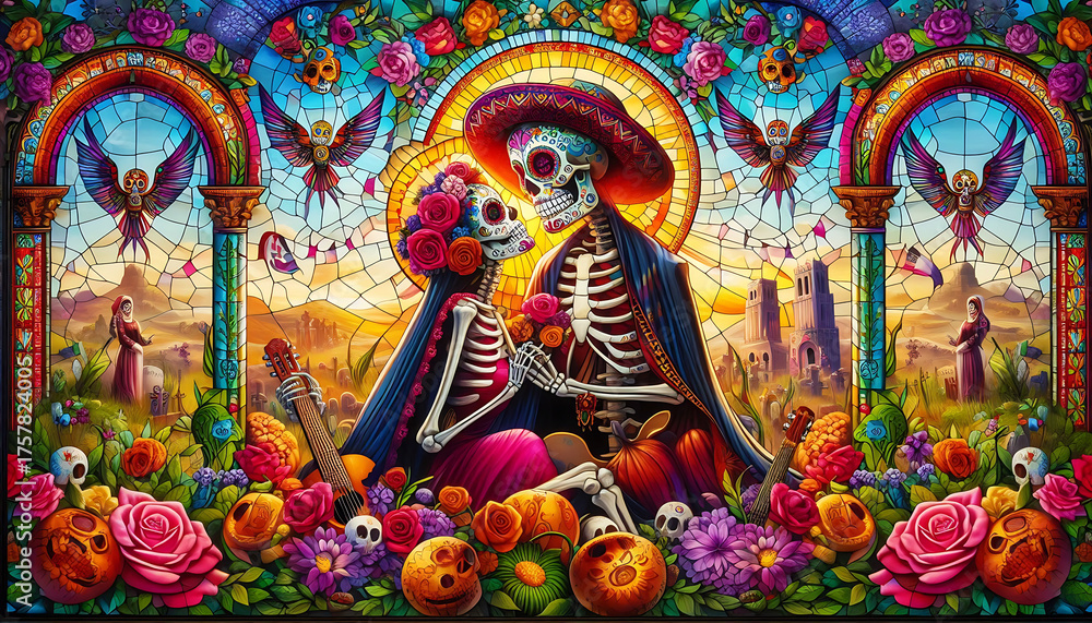 Fototapeta premium Día de Muertos Mural Mosaic Stainned Glass