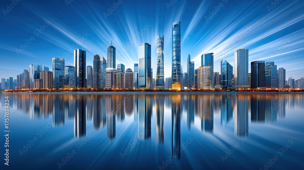 Fototapeta premium Panoramic View of China's Modern Skyline with Fast-Moving Clouds