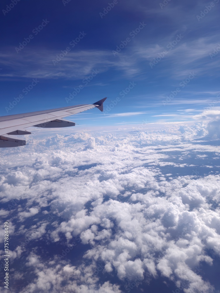 Obraz premium A vast expanse of cumulus clouds seen from an airplane window, with a vibrant blue sky and airplane wing in the foreground.